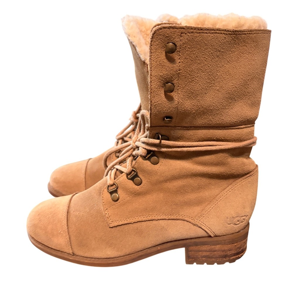 UGG Womens Gradin Suede Shearling-Lined Fold-Over Lace-Up Boots Size 10.5 Tan